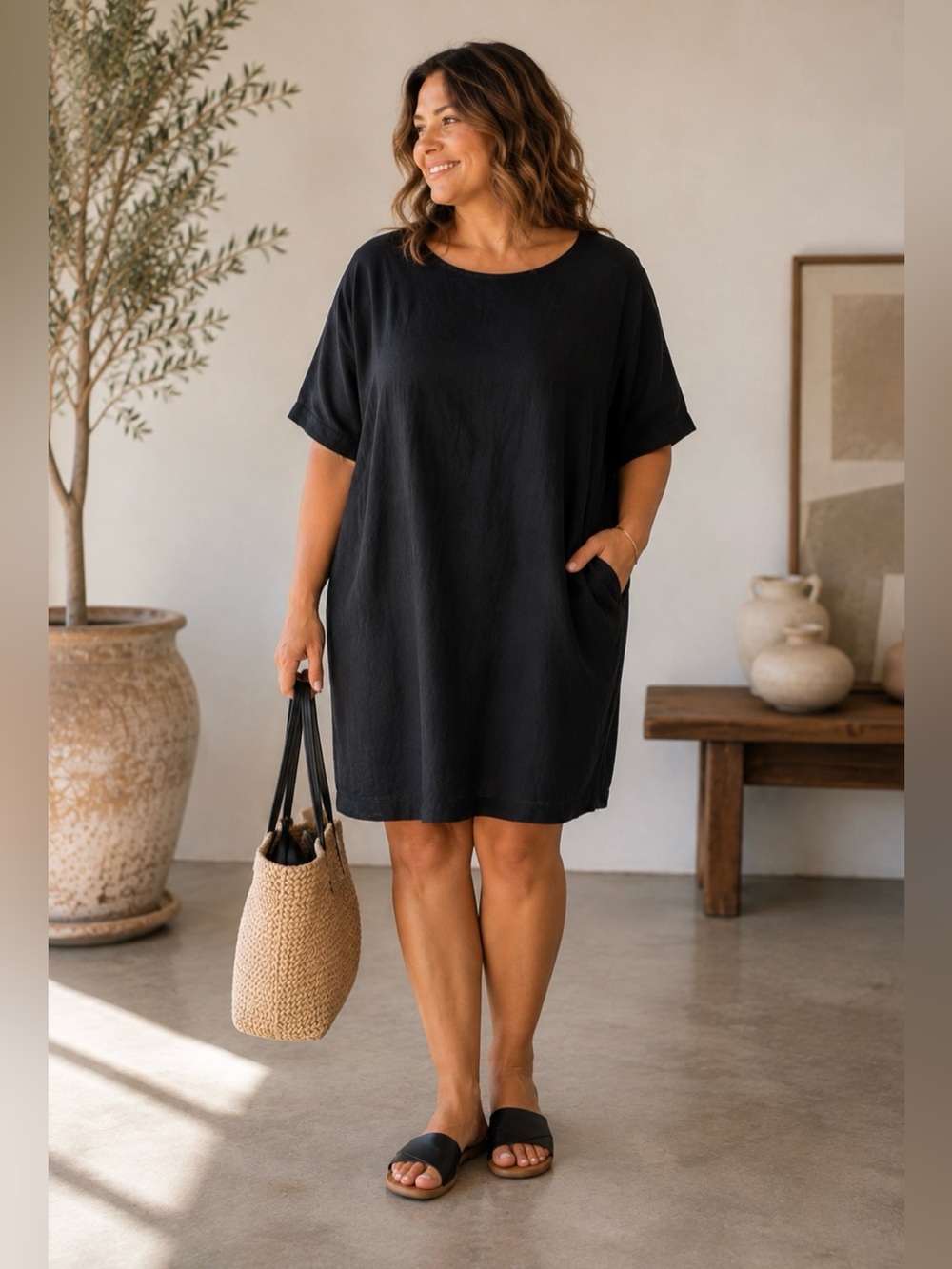 💥Eileen Fisher Black Linen Straight Relaxed Shift Dress Short Sleeve XL🧡